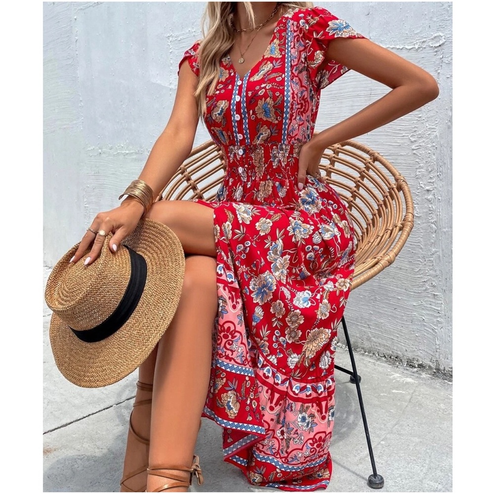 Boho Red Floral Print Butterfly Sleeve Button Detail Dress - Picture 7 of 8